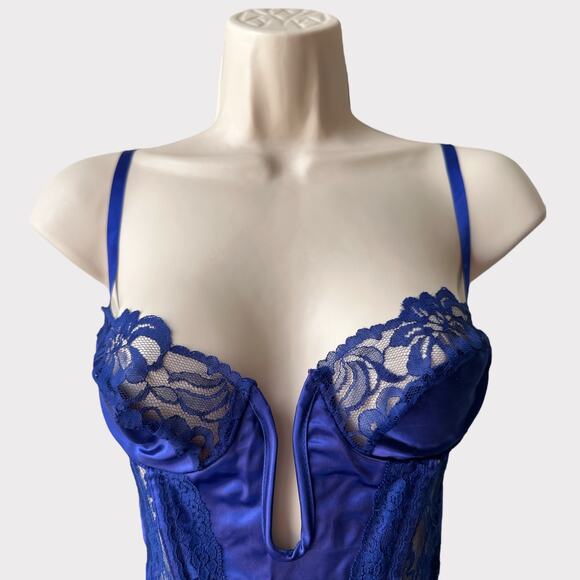 Vintage Satin Lace Wired U-Gore Bustier, Size S, Royal Blue - Picture 4 of 12